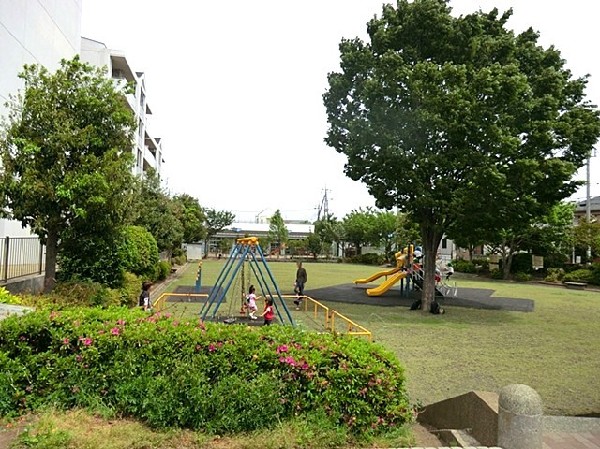 長津田公園(芝生広場や複合遊具、ブランコがある、保育園近くの公園。花壇には保育園児が植えた花が並んでいます。)